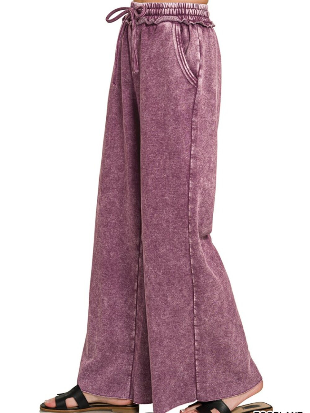 Acid Wash Fleece Wide Leg Palazzo Sweatpants with Pockets in Eggplant